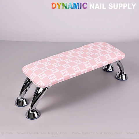 [R-M004] Pink CC Caro Pattern Handrest Armrest for Pedicure & Manicure from Dynamic Nail Supply, chrome legs.