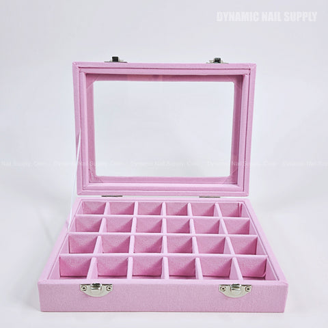 The Velvet Light Pink 24-grid organizer stores nail charms or beads in square compartments with a clear lid.