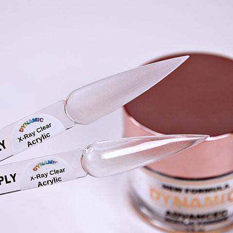 Matte and glossy nail samples shown above DYNAMIC X-Ray CLEAR Acrylic Powder – Glass Crystal Clear, no bubbles.