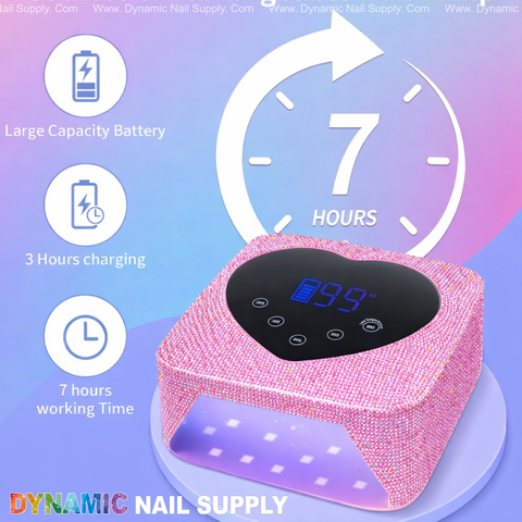 Pink Big Rhinestone 72W Cordless UV/LED Lamp, heart display, auto sensor & 5 timers—perfect for pro gel nails.