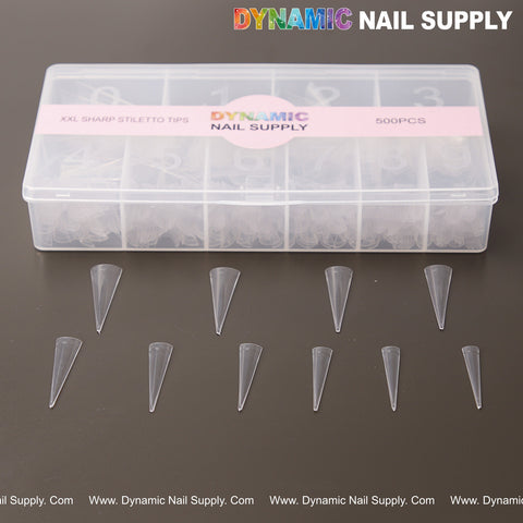 XXL Sharp Stiletto Nail Tips, 500 pcs in 10 sizes, are organized below the labeled clear storage box.