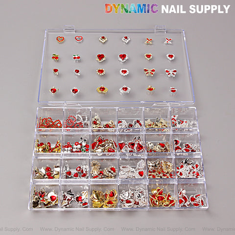 Red Silver Gold Heart Shape Cherry Crown Planet Charm Set Box for nail art DIY, 24 compartments filled with charms.