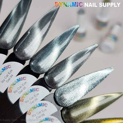 Eight almond-shaped swatches feature Icy Cat Eye Gel #06, a reflective magnetic silver shimmery gel polish.