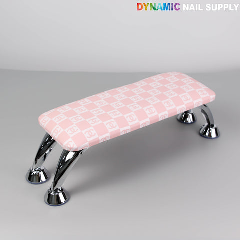 [R-M004] Pink CC Caro Pattern handrest armrest for mani-pedi service, shown on a gray surface.