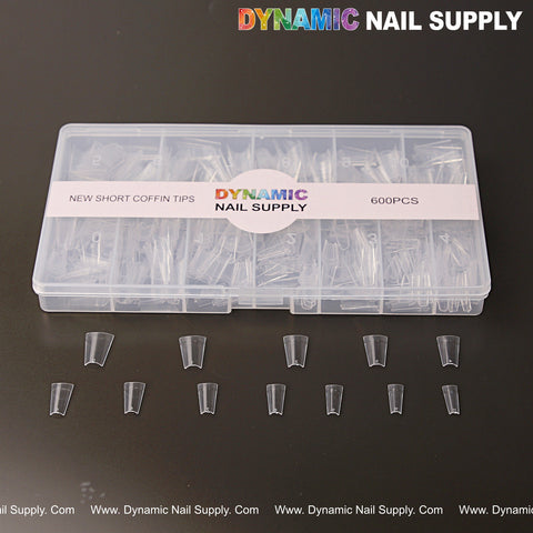 A box labeled New Short Coffin Nail Tips Half Cover holds 600pcs in 12 sizes, samples displayed in front.