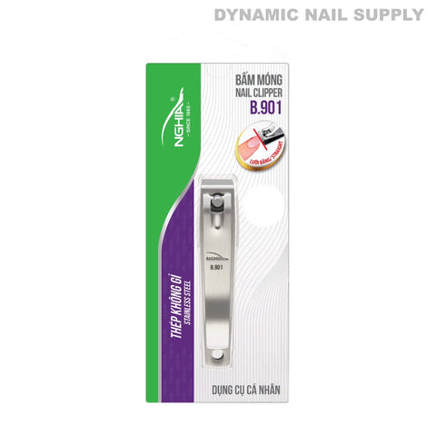 A large B901 stainless steel straight blade nail clipper for thick acrylic nails, in green/white Nghia packaging (Vietnamese).