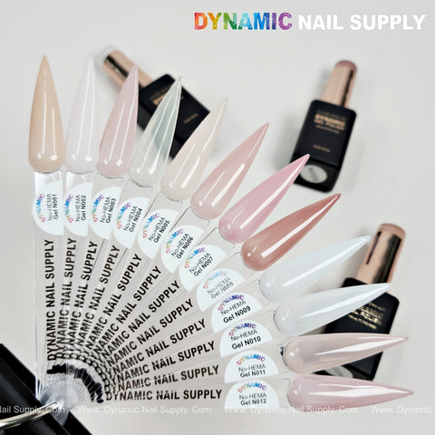 Twelve DYNAMIC No-HEMA Nude Neutral Gel Polish swatches, labeled N001–N012, display elegant base French cover shades.