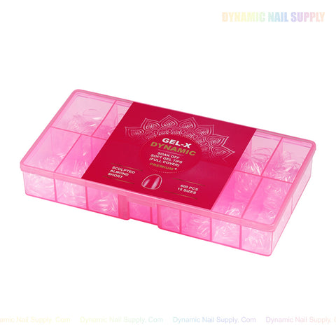 A pink box holds Sculpted Almond (Short) Full Cover Soft-Gel Nail Tips; label: “GEL-X DYNAMIC SCULPTED SHORT 600 PCS 12 SIZES.”.
