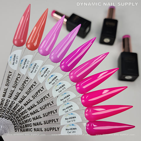 Swatches of pink and coral Dynamic No-HEMA Gel Polish (371–380), labeled, bottles blurred in the background.