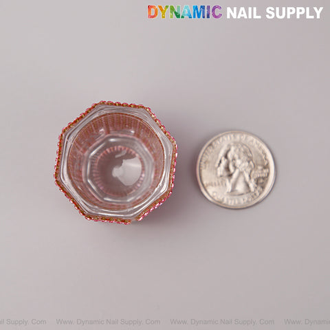 Pink Rhinestone Small Cup Dappen Dish with beaded rim next to a quarter; DYNAMIC NAIL SUPPLY above.