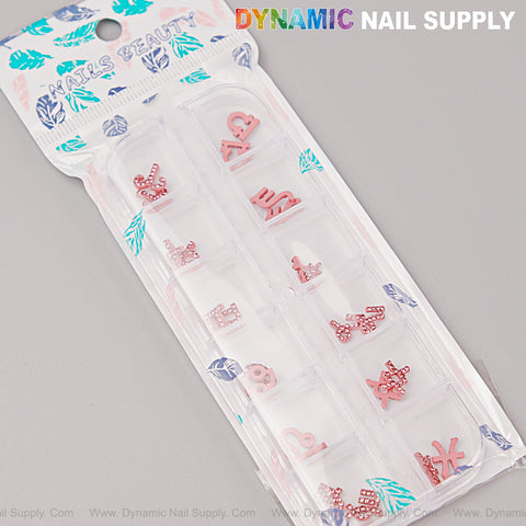 24 pcs pink zodiac sign rhinestone charms & constellation gems by Dynamic Nail Supply—DIY nail art accessories.