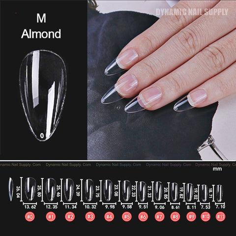 A hand with Almond M Full Cover Soft Gel X Tips (600 pcs, Medium Long, 10 sizes) and a size chart below.