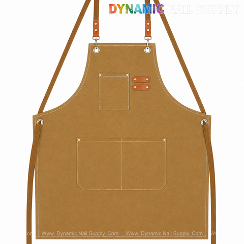 Unisex Professional Apron in brown cotton canvas with white stitching, oversized pockets, and adjustable cross back straps.
