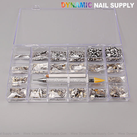 Black Silver-back mixed Gold-back rhinestones set (20 cells, 14 big/6 round shapes) in a clear organizer box.
