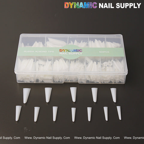 Dynamic Nail Supply Russia Almond Natural White Straight Nail Tips Box, 504pcs, 12 sizes, on a black surface.