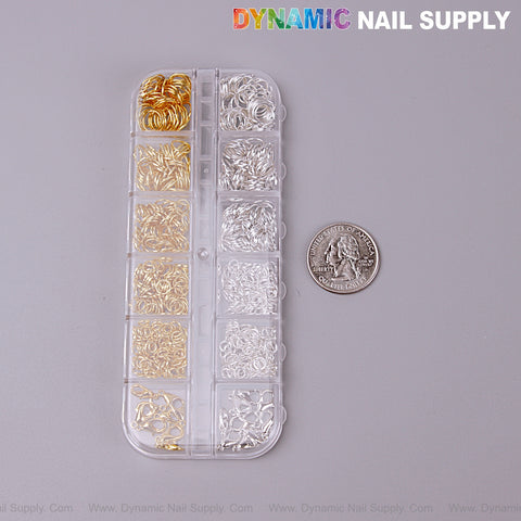 Plastic case with Single Loop Hook Chain Nail Charms beside U.S. quarter, DYNAMIC NAIL SUPPLY above on gray.
