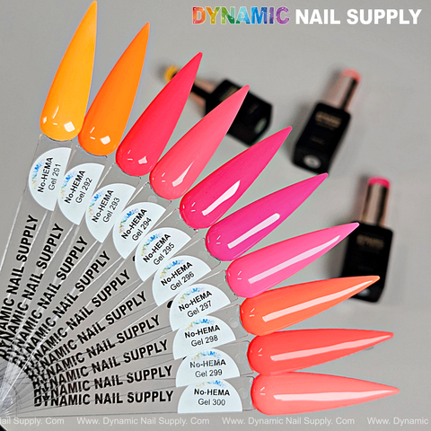 Eight pointed swatches display Dynamic No-HEMA Gel Polish Neon Summer Colors 291–300 in orange, pink, and coral.
