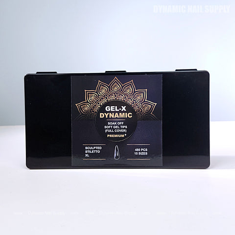 Black Sculpted Stiletto XL Full Cover Soft-Gel Nail Tips box with gold mandala shown on a light surface.