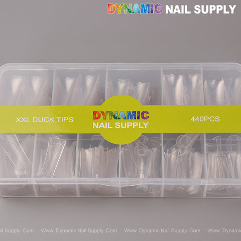 XXL Duck Shape Nail Tips Box 440pcs, 11 sizes, clear box with compartments; Dynamic Nail Supply branding.