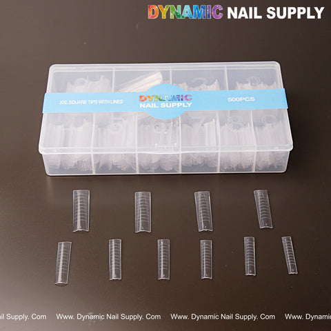 XXL Square Nail Tips (Not C-Curve) Clear with Lines, 500pcs/10 sizes; DYNAMIC NAIL SUPPLY branding on box.