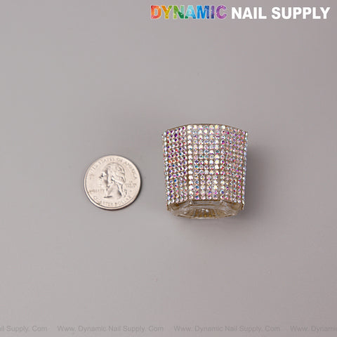 AB Rhinestone Small Cup Dappen Dish liquid container beside a U.S. quarter, with Dynamic Nail Supply text above.