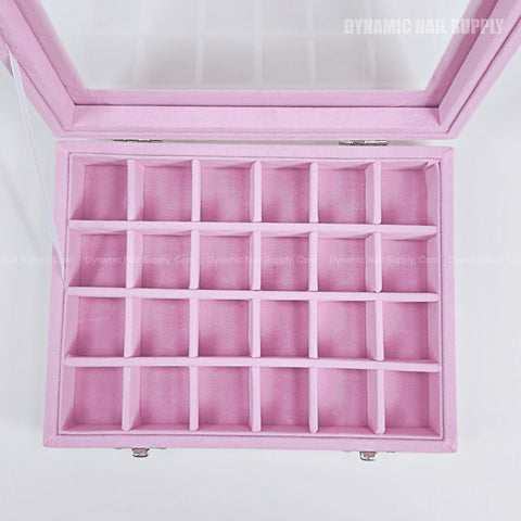 The [Velvet Light Pink] SMALL Nail Charm Storage Case has 24 grids, a clear lid, and soft velvet, shown from above.