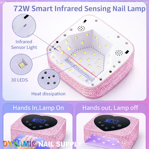 Pink Big Rhinestone UV/LED Cordless 72W Lamp, Heart Display, Auto Sensor, 5 Timers—pink, rechargeable and stylish.