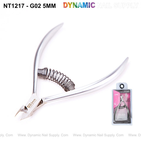 NT1217-G02 5mm stainless steel cuticle nippers with spring handle & packaging; ideal pro nail tool.