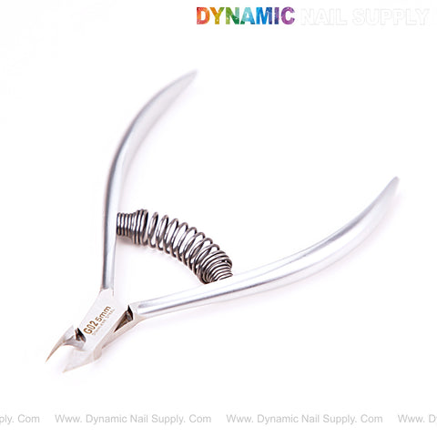 NT1217 - G02 5mm Professional Stainless Steel Cuticle Nippers with spring handle, DYNAMIC NAIL SUPPLY logo above.