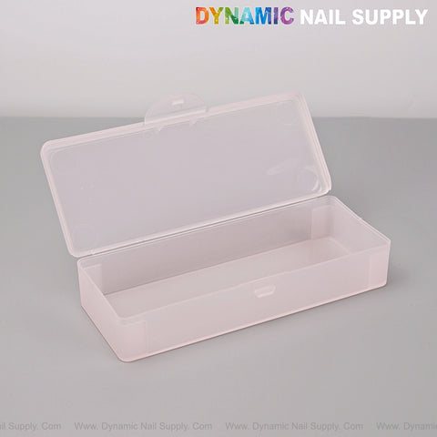 A frosted [Clear Pink] Nail Brush Case organizer with a hinged lid, open on grey. “DYNAMIC NAIL SUPPLY” above.