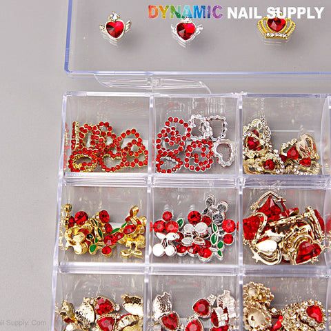 Red Silver Gold Heart Shape Cherry Crown Planet Charm Set Box for nail art, labeled “DYNAMIC NAIL SUPPLY.”.