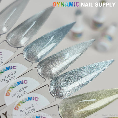 Icy Cat Eye Gel #06 - Reflective Magnetic Silver Shimmery Gel Polish glows on a labeled swatch with blurred bottles behind.