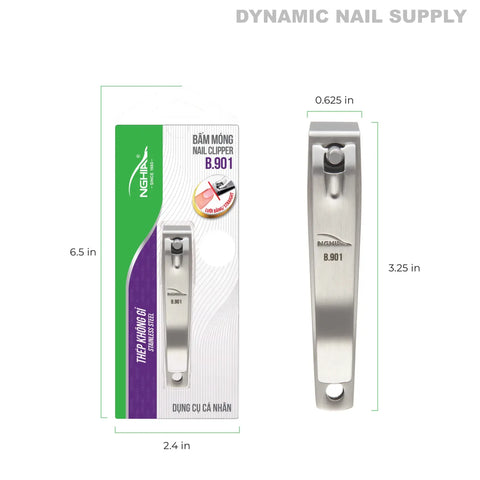 B901 Professional Nail Clippers, large stainless steel, straight blade for thick acrylic nails, silver, with packaging.