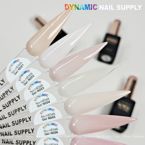 Six pastel nude neutral gel swatches, N001–N012, from DYNAMIC No-HEMA French Cover Gel Polish by Dynamic Nail Supply.