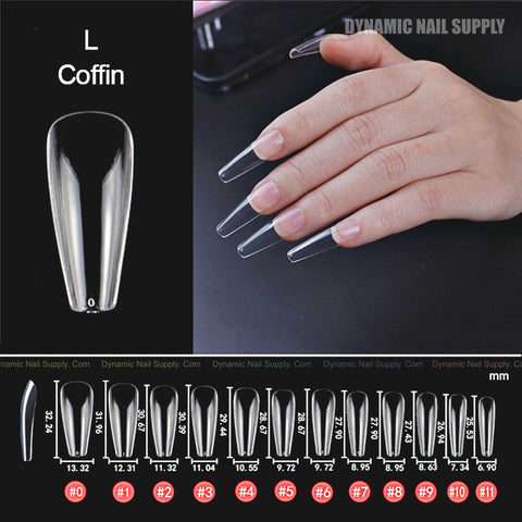 Hand wears [Coffin L] Full Cover Tips - Soft Gel X; size chart of tip options shown below.
