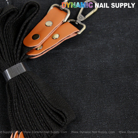 Black shoelaces and brown leather strap on cotton canvas Unisex Professional Apron, DYNAMIC NAIL SUPPLY in corner.