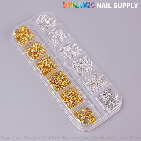 Plastic box with gold/silver jump rings for Single Loop Hook Chain Nail Charms, ideal for piercing nail accessories.