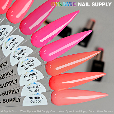 Six neon pink and coral swatches fanned out; Dynamic No-HEMA Gel Polish 291–300 for healthy nails all summer.