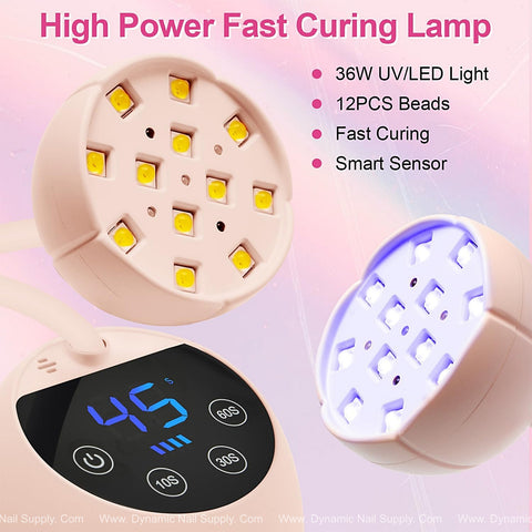 Two [Light Pink] Mini Flash Cure UV LED Lamps, 36W, auto sensor gooseneck, USB portable nail dryers on pink background.