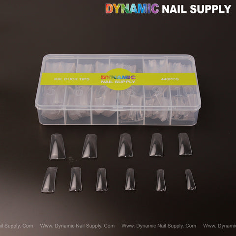 A box labeled “XXL Duck Shape Nail Tips 440pcs” holds clear tips in 11 sizes, shown in front of the box.