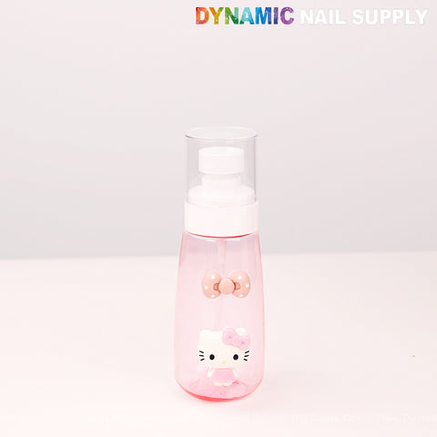A pink Hello Kitty reusable spray bottle with a polka-dot bow, for liquid or alcohol, on a white background.