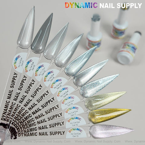 Icy Cat Eye Gel #06 is a reflective magnetic silver shimmery gel polish shown with labeled sticks and bottles.