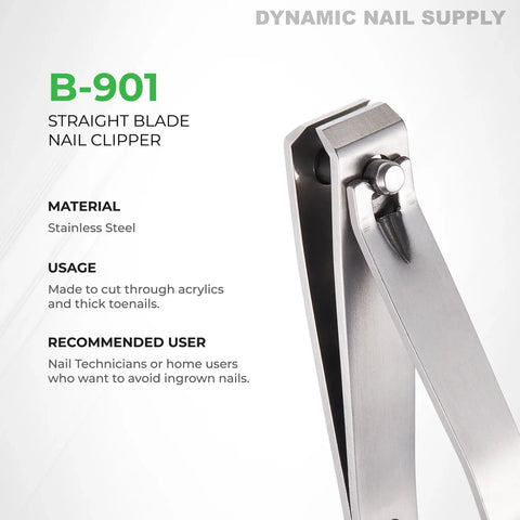 The B901 Professional Large Stainless Steel Nail Clipper with straight blade stands upright beside product details on white.