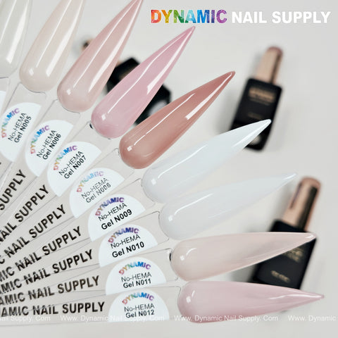 Ten nude, pink, and white swatches of DYNAMIC No-HEMA Nude Neutral Gel Polish (N001-N012) with French cover bottles behind.
