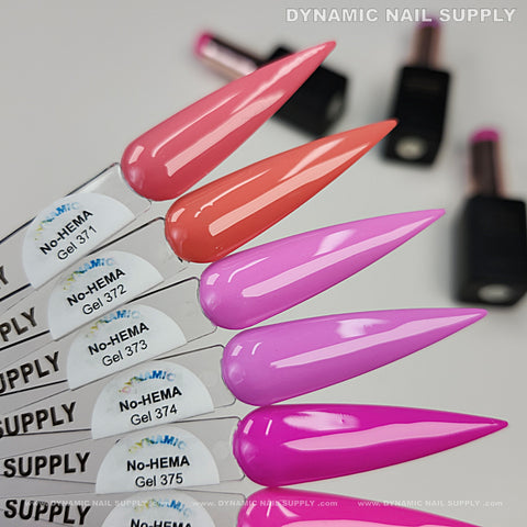 Five pink gel polish swatches, Dynamic No-HEMA Gel Polish (371-380), for healthy nails and fewer allergic reactions.
