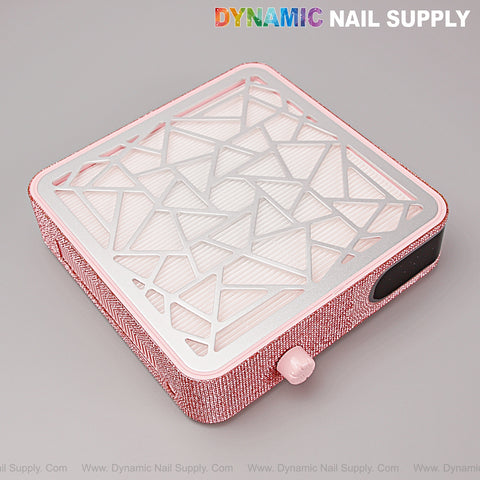 Pink Rhinestone Cordless Nail Dust Collector: strong suction, adjustable speed, digital display, reusable filter.