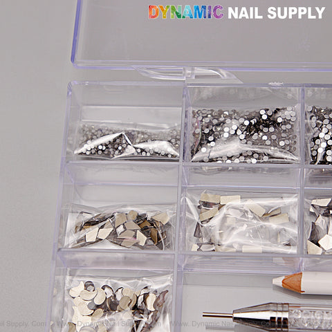 [Black Silver-back mixed Gold-back] rhinestones set: 20-cell box, 14 big shapes & 6 rounds; nail tool shown.