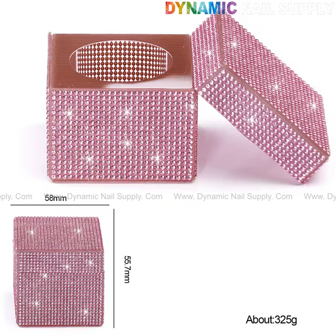 A pink rhinestone square dappen dish with lid has a diamond pattern inside, perfect for holding monomer or acrylics.