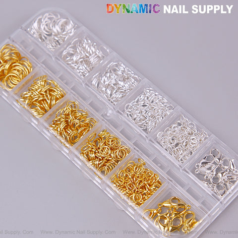 A clear organizer holds Single Loop Hook Chain Nail Charms for Gothic Punk Piercing, labeled DYNAMIC NAIL SUPPLY on top.