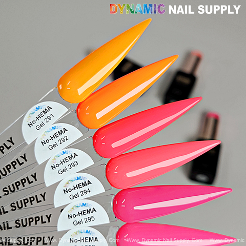 Five pointed nail samples in neon shades, with Dynamic No-HEMA Gel Polish—Color 291-300—blurred in the background.